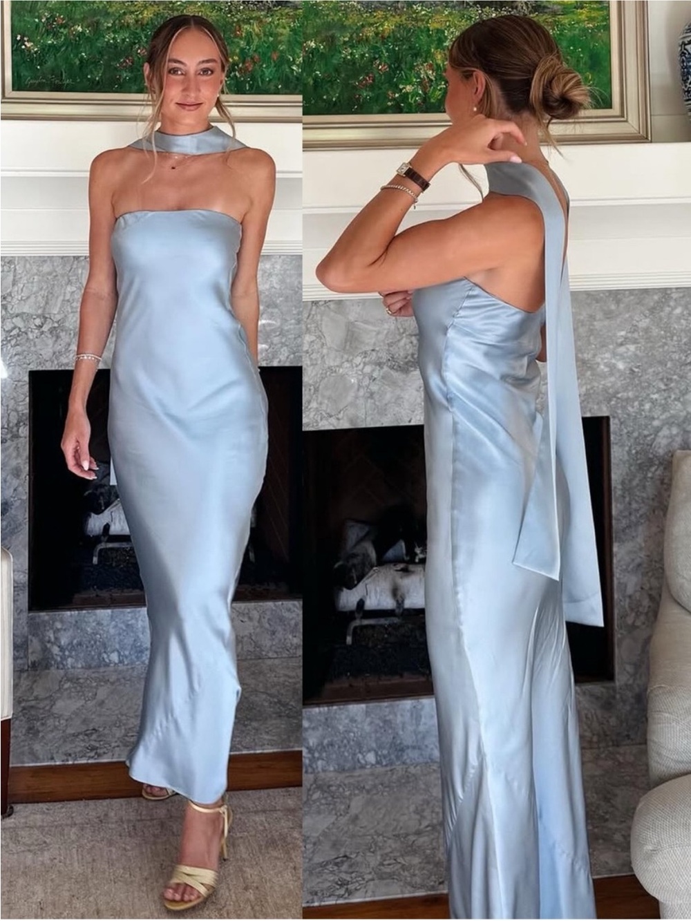 Reformation Oren Silk Dress Blue Strapless Maxi Dress Scarf Neck Gown Small - Picture 3 of 10